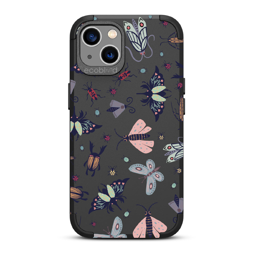 Bug Out - Black Rugged Eco-Friendly iPhone 13 Case With Butterflies, Moths, Dragonflies, And Beetles On Back