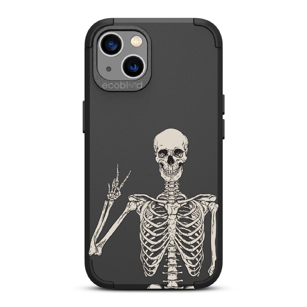 Creeping It Real - Black Rugged Eco-Friendly iPhone 13 Case With Skeleton Giving A Peace Sign On Back