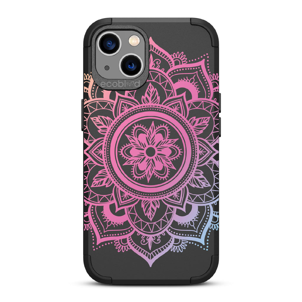 Mandala - Black Rugged Eco-Friendly iPhone 13 Case With A Pink Lotus Flower Mandala On Back
