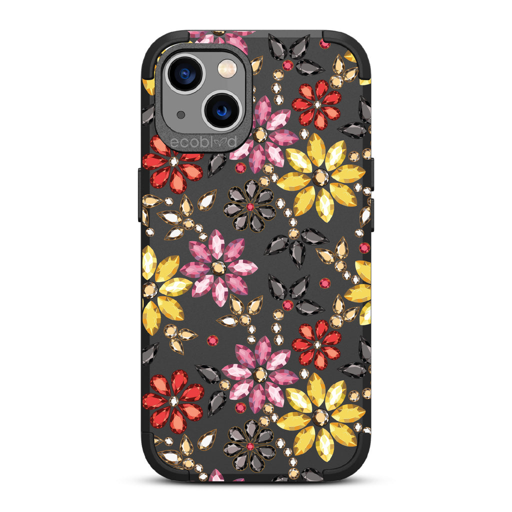 Bejeweled - Rhinestone Jewels In Floral Patterns - Black Eco-Friendly Rugged iPhone 13 Case 