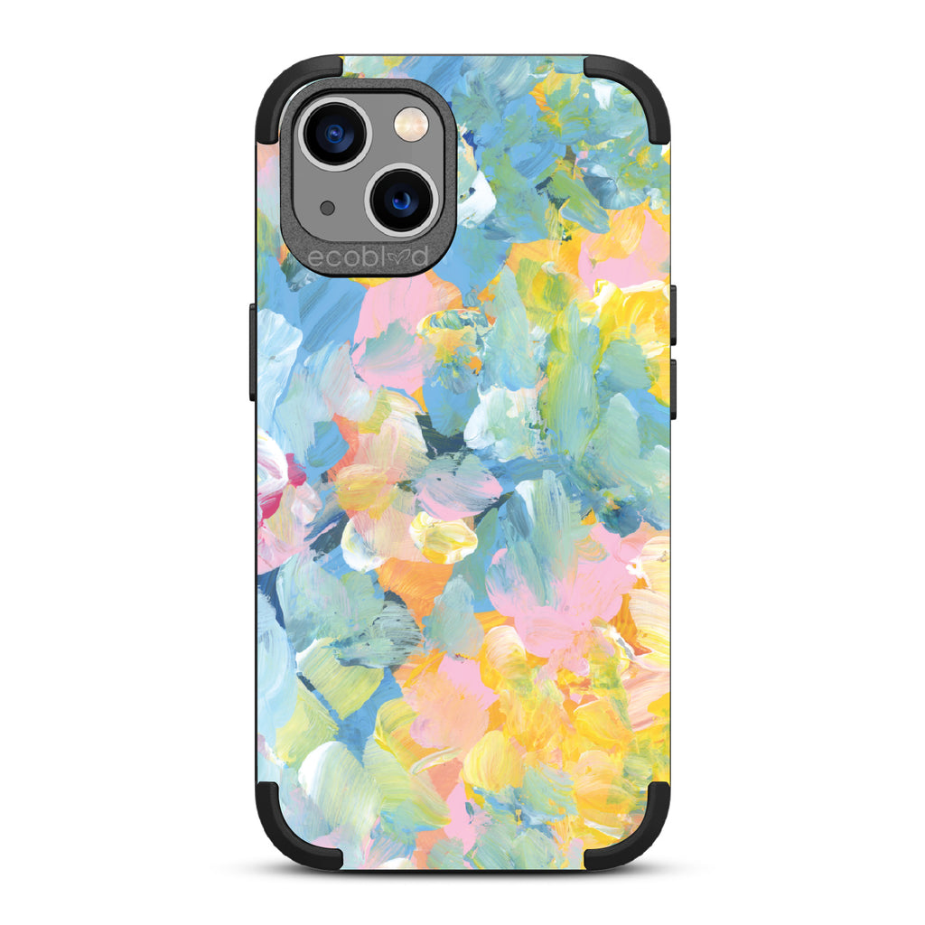 Spring Feeling - Black Rugged Eco-Friendly iPhone 13 Case With Pastel Acrylic Abstract Paint Smears & Blots On Back