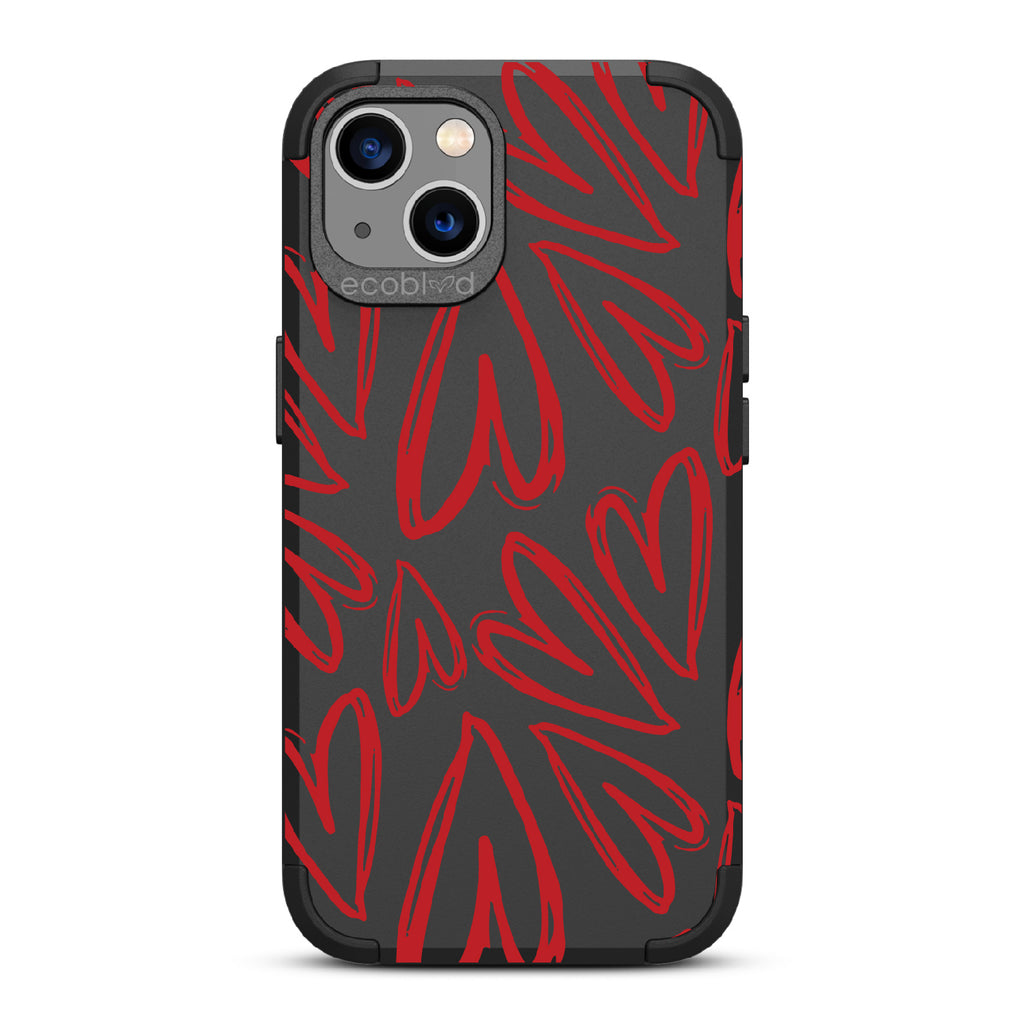 Heartfelt - Black Rugged Eco-Friendly iPhone 13 Case With Painted / Sketched Red Hearts On Back