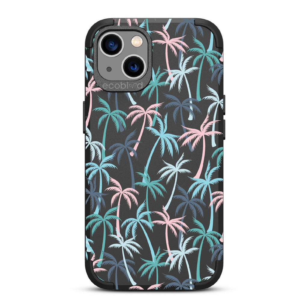 Cruel Summer - Black Rugged Eco-Friendly iPhone 13 Case With Hotline Miami Colored Tropical Palm Trees On Back 