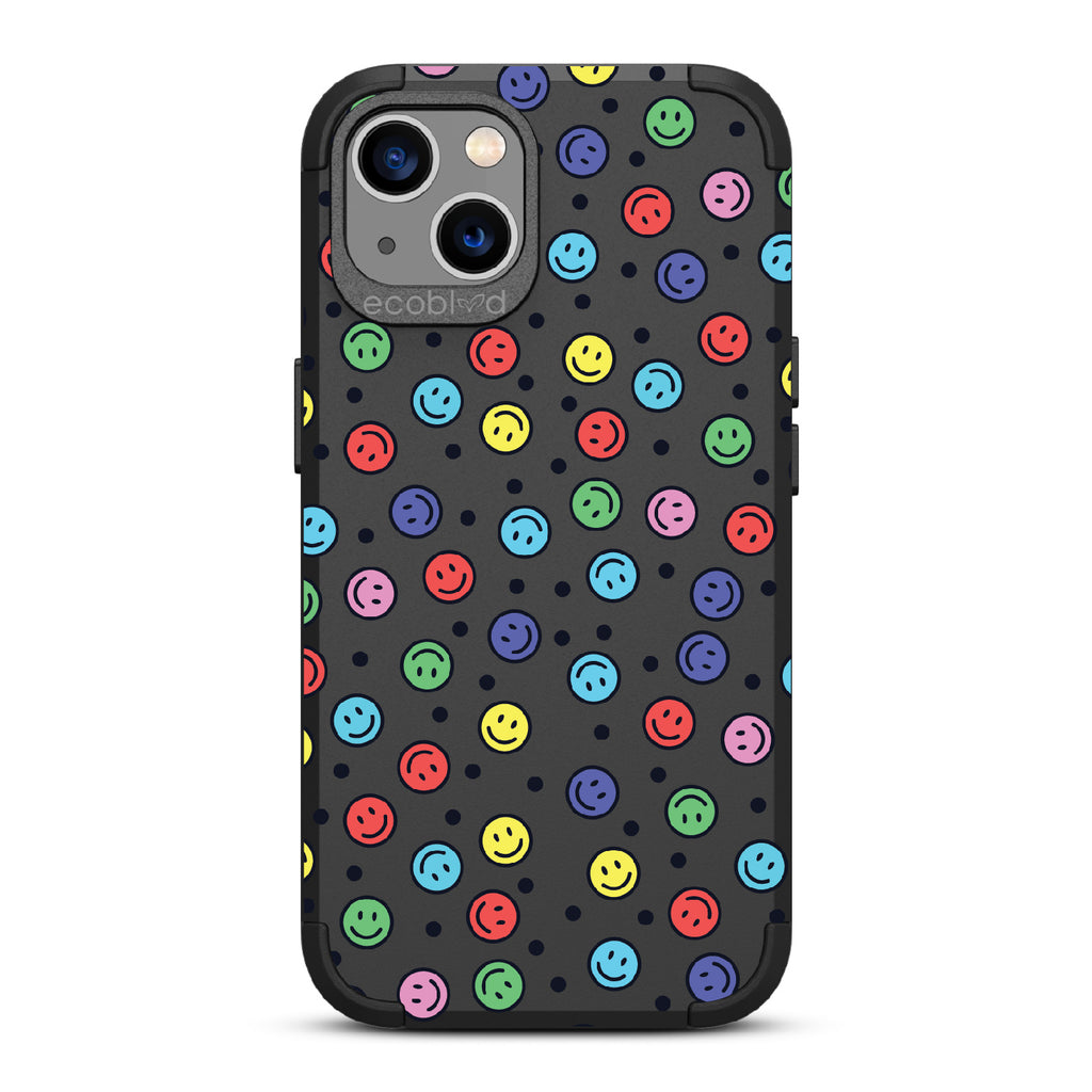 All Smiles - Black Rugged Eco-Friendly iPhone 13 Case With Multicolored Smiley Faces & Black Dots On Back