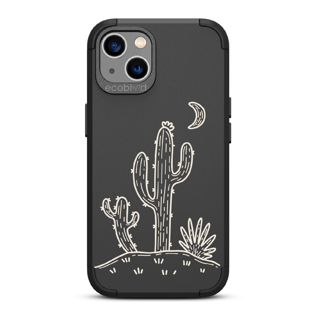 Sagebrush  - Black Rugged Eco-Friendly iPhone 13 Case With Cartoon Cacti Under A Crescent Moon On Back