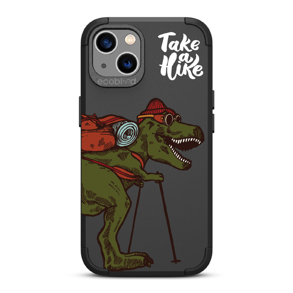 Take A Hike - Black Rugged Eco-Friendly iPhone 13 Case With A Trail-Ready T-Rex And A Quote Saying Take A Hike On Back