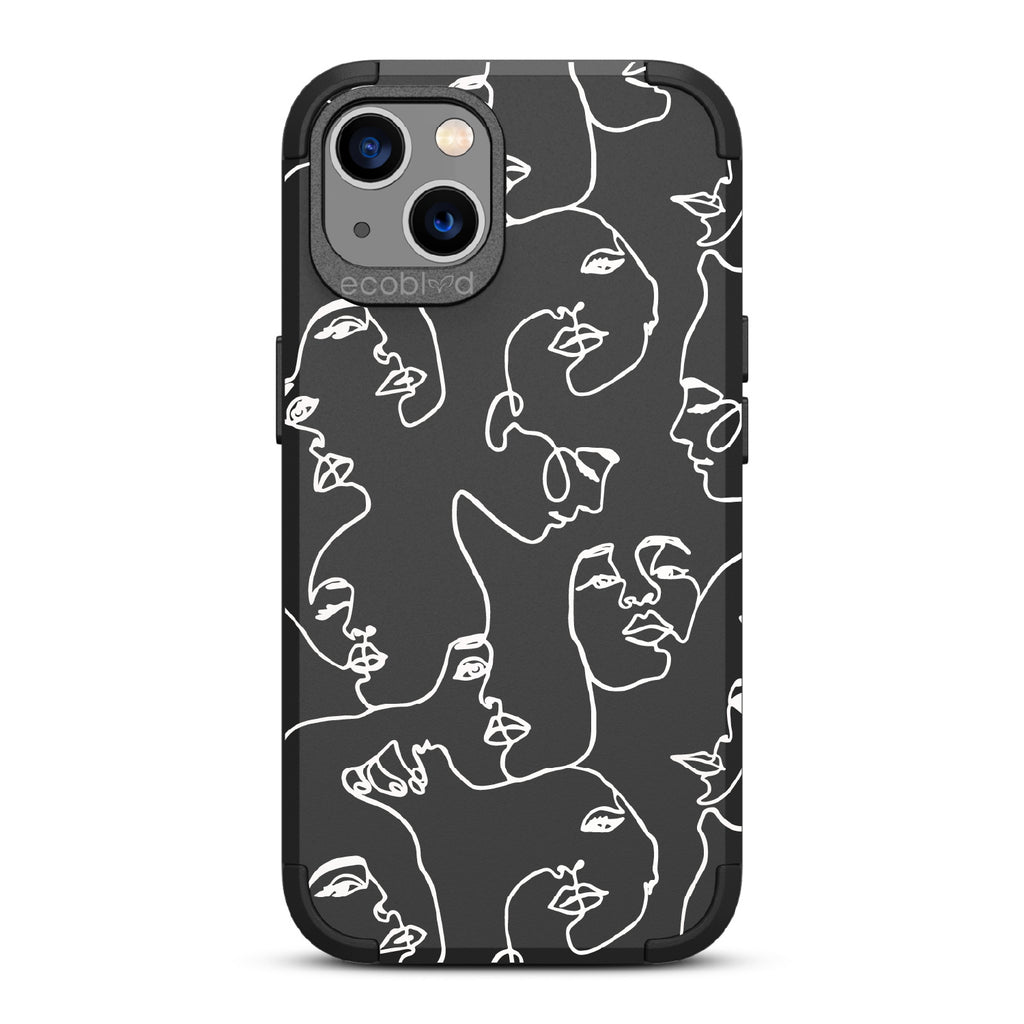 Delicate Touch - Black Rugged Eco-Friendly iPhone 13 Case With Line Art Of A Woman???? Face On Back