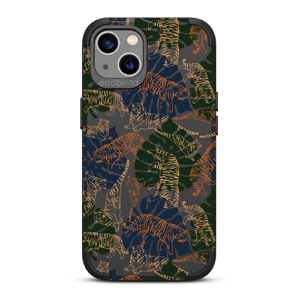 Tropic Roar - Black Rugged Eco-Friendly iPhone 13 Case WithJungle Leaves & Orange / Yellow Tiger Outlines On Back