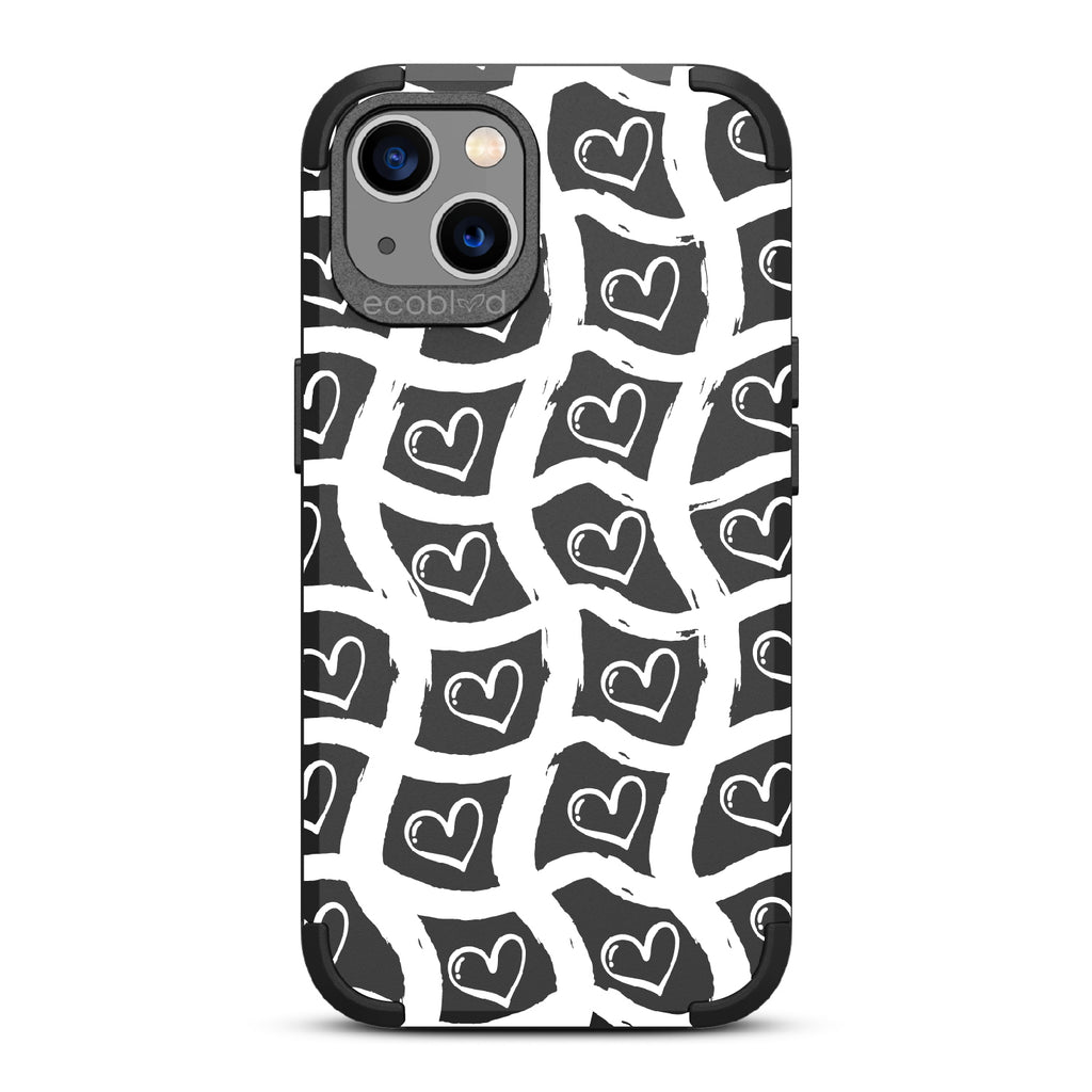 Waves Of Affection - Black Rugged Eco-Friendly iPhone 13 Case With Wavy Paint Stroke Checker Print With Hearts On Back