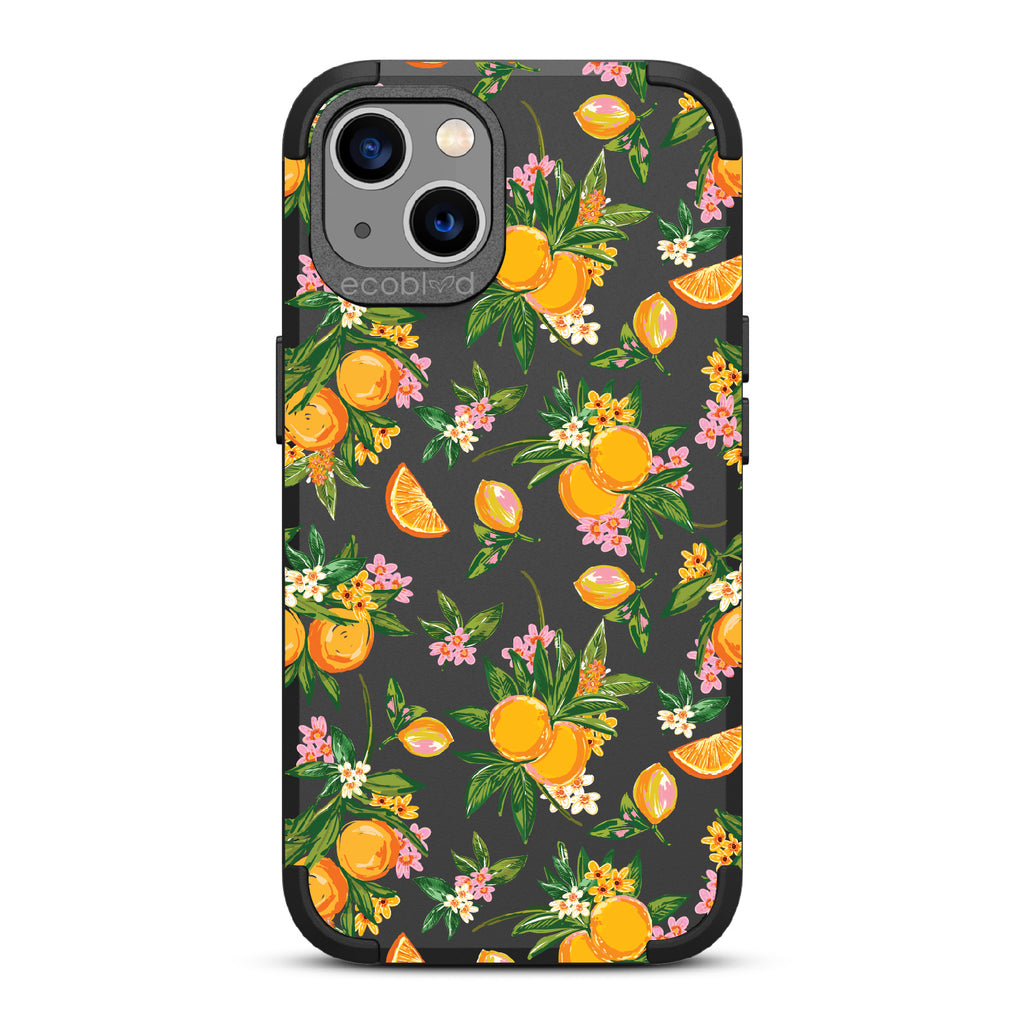 Orange Bliss - Black Rugged Eco-Friendly iPhone 13 Case With Oranges, Orange Slices and Leaves On Back