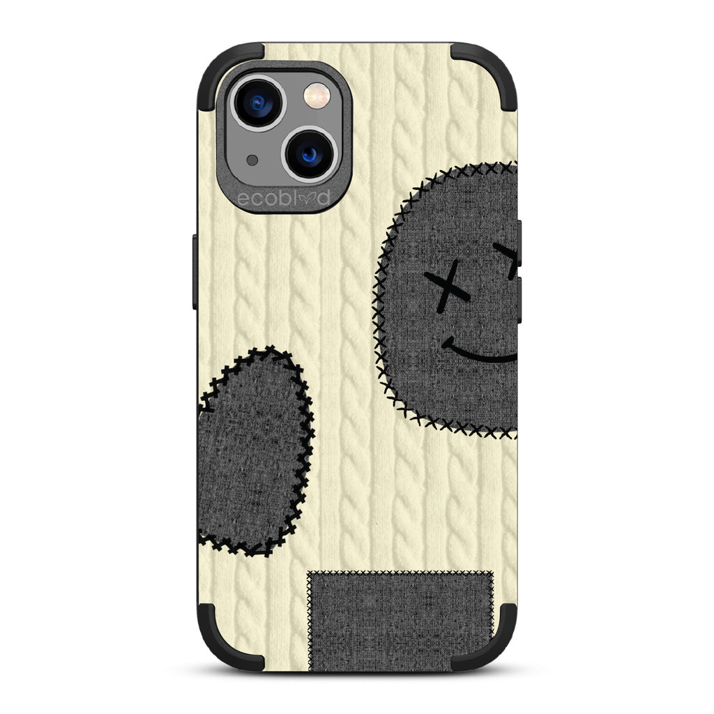 All Patched Up - Cable Knit With Patches of Heart + Happy Face - Black Eco-Friendly Rugged iPhone 13 Case  