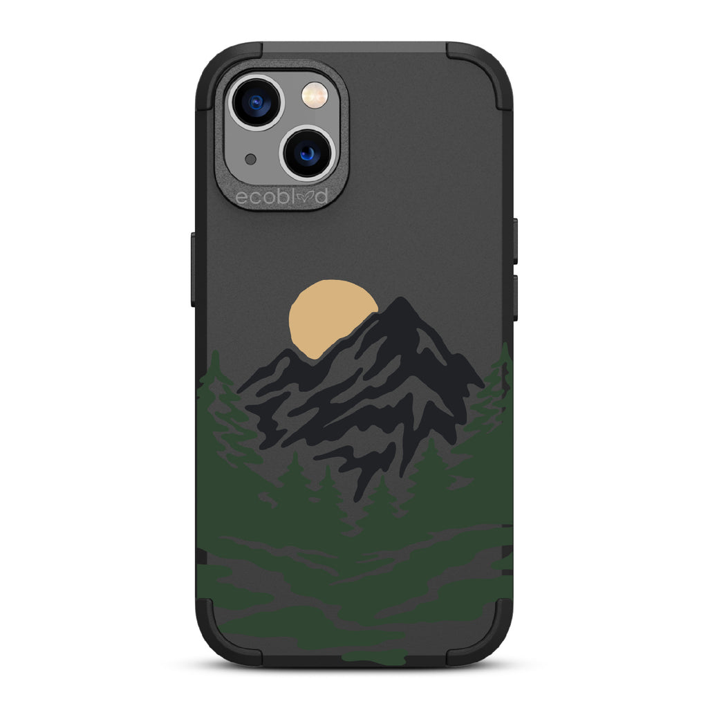 Mountains - Black Rugged Eco-Friendly iPhone 13 Case With A Minimalist Moonlit Mountain Landscape On Back