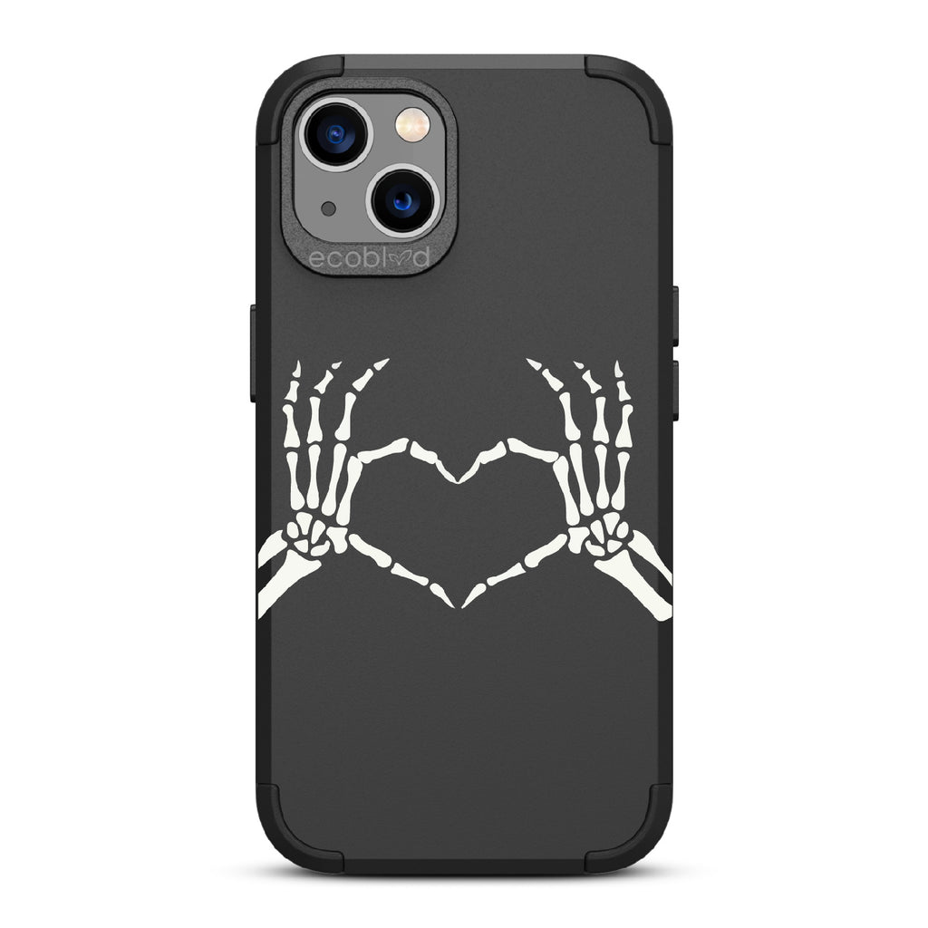 Til Death - Black Rugged Eco-Friendly iPhone 13 Case With Skeletal Hands Forming A Heart On Back