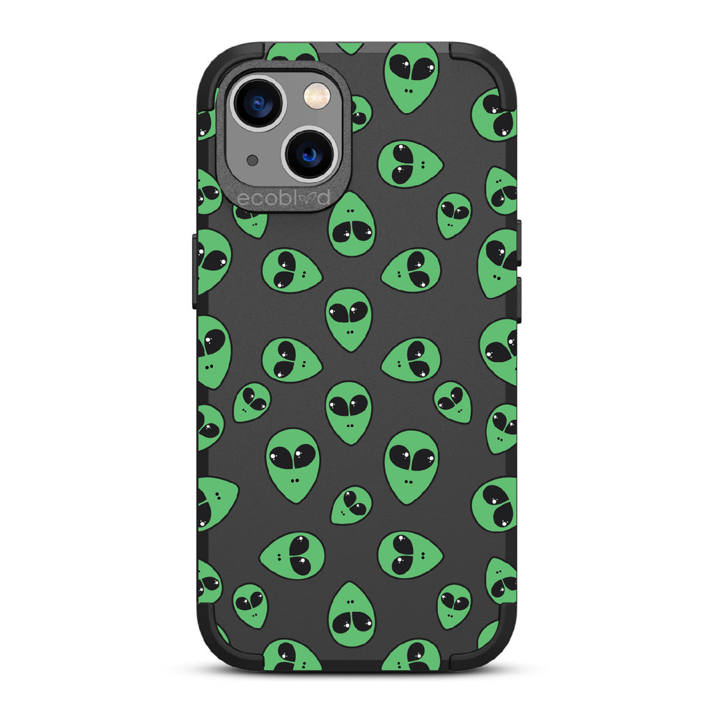 Aliens - Black Rugged Eco-Friendly iPhone 13 Case With Green Cartoon Alien Heads On Back