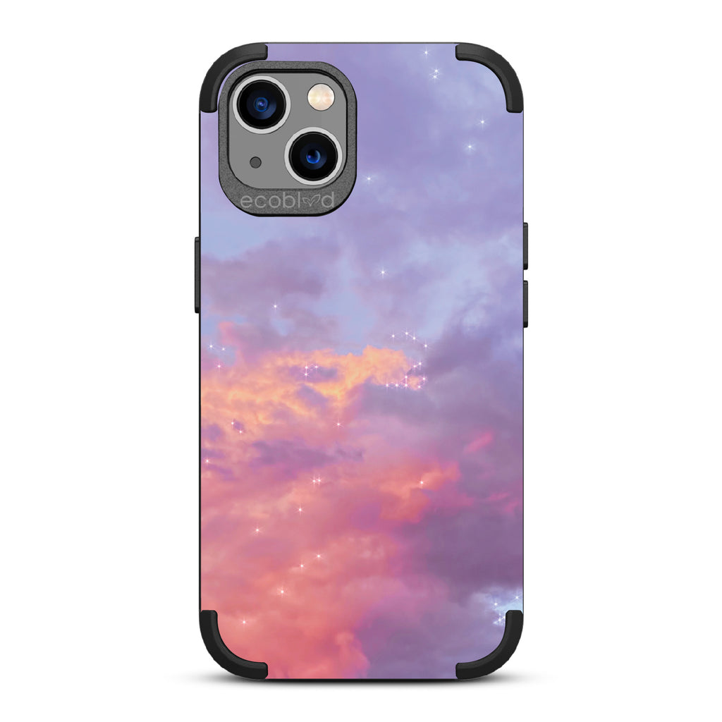 Star Crossed Lovers - Black Rugged Eco-Friendly iPhone 13 Case With Cloudy Pastel Sunset With Stars  On Back