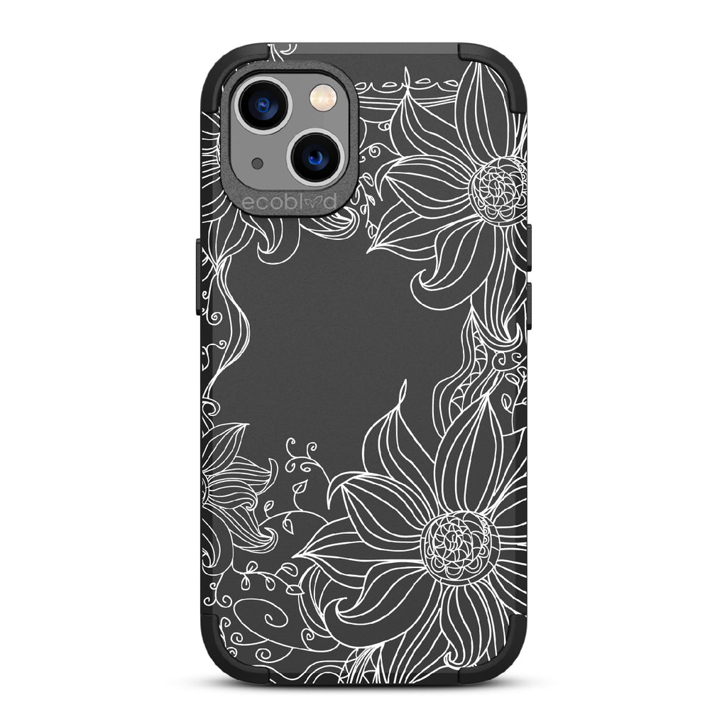 Flower Stencil - Black Rugged Eco-Friendly iPhone 13 Case With A Sunflower Stencil Line Art Design  On Back