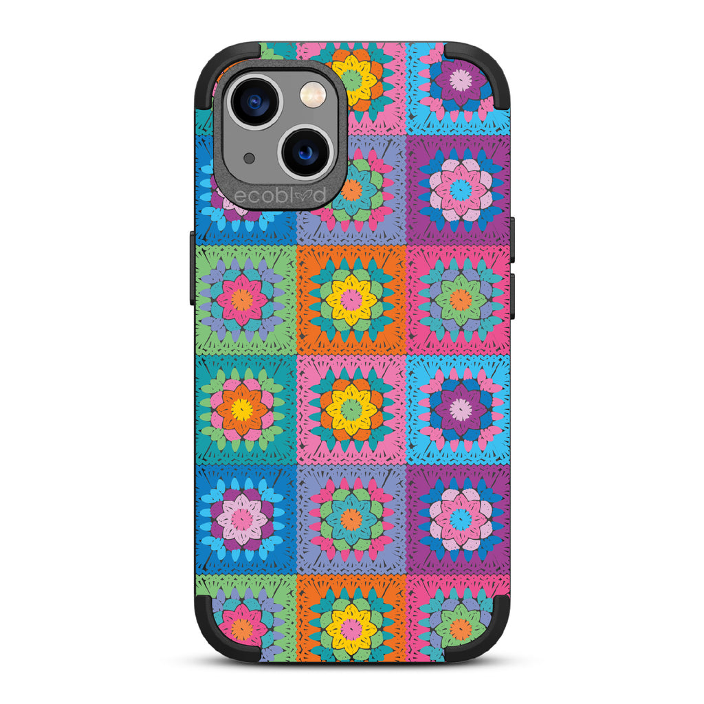 All Squared Away - Black Rugged Eco-Friendly iPhone 13 Case With Pastel Vintage Granny Squares Crochet Pattern On Back