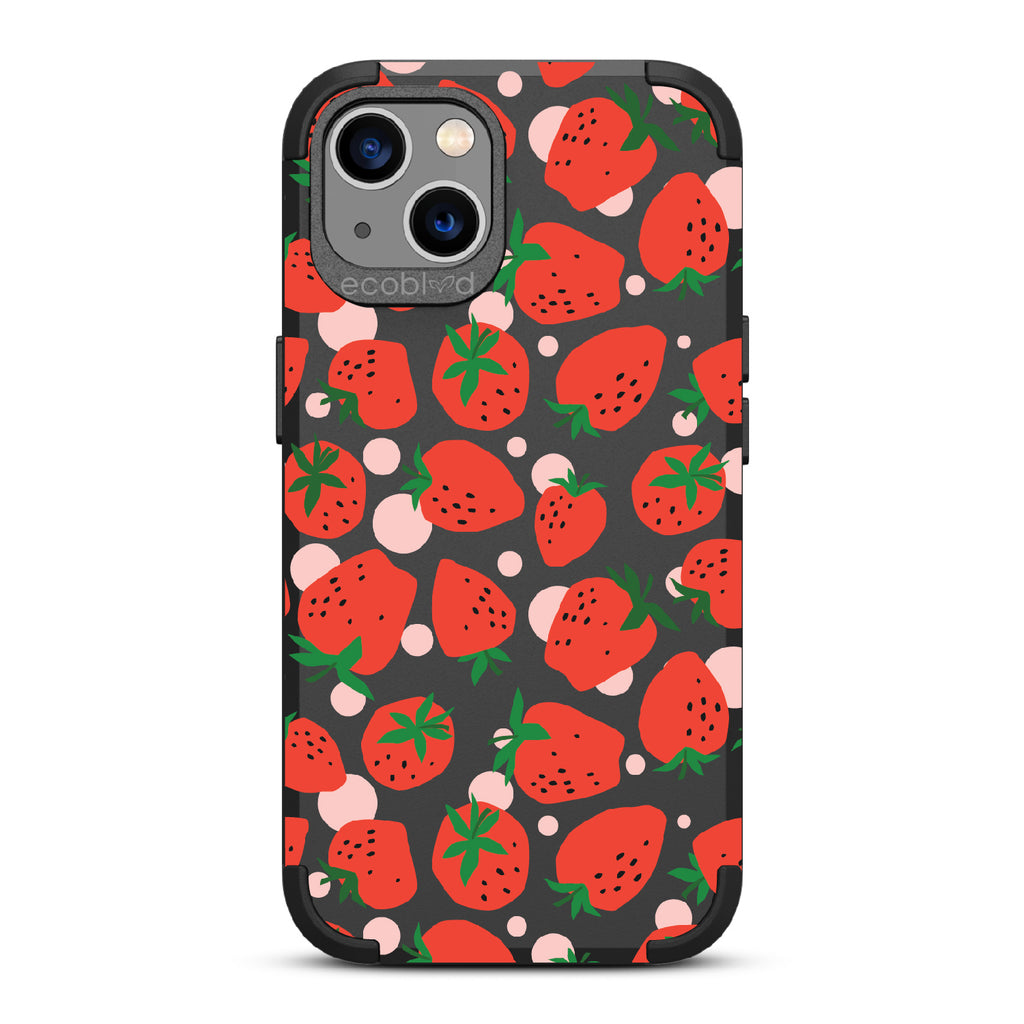Strawberry Fields - Black Rugged Eco-Friendly iPhone 13 Case With Strawberries On Back