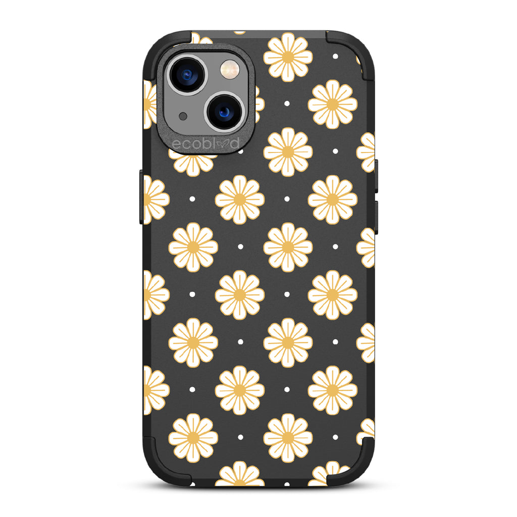 Daisy - Black Rugged Eco-Friendly iPhone 13 Case With A White Floral Pattern Of Daisies & Dots On Back