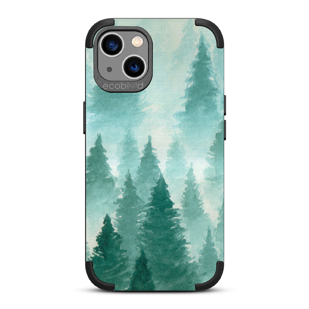 Winter Pine - Black Rugged Eco-Friendly iPhone 13 Case With A Watercolor Pine Tree Forest Print On Back