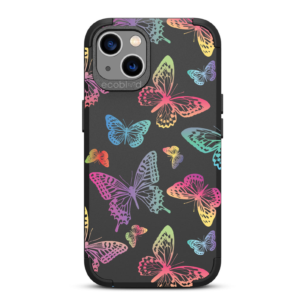 Butterfly Effect - Black Rugged Eco-Friendly iPhone 13 Case With Multi-Colored Neon Butterflies On Back