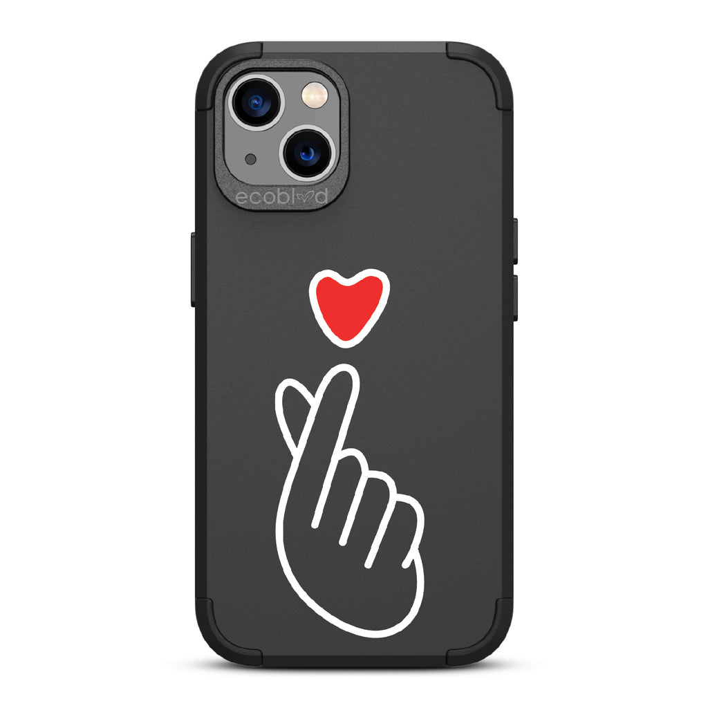 Finger Heart - Black Rugged Eco-Friendly iPhone 13 Case With Red Heart Above Hand With Index Finger & Thumb Crossed On Back