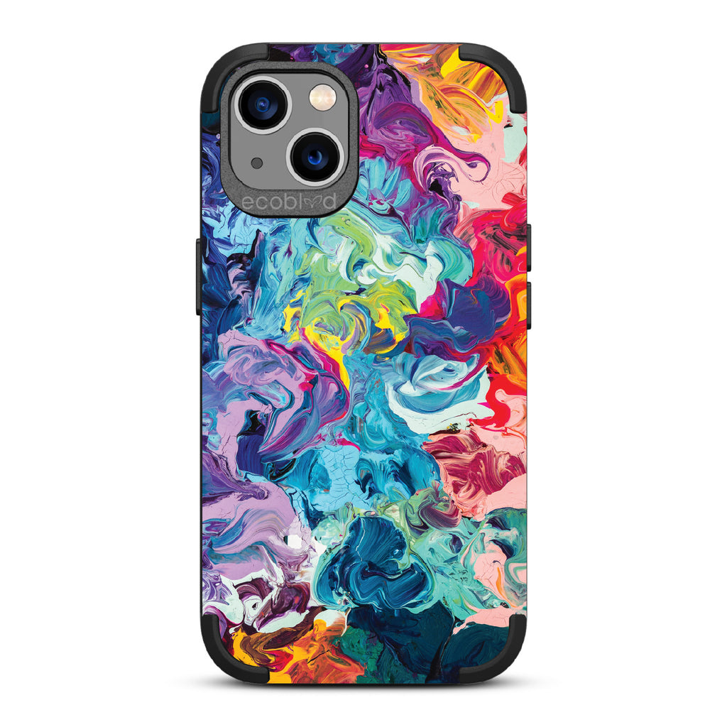 Give It A Swirl  - Black Rugged Eco-Friendly iPhone 13 Case With Abstract Colorful Oil Painting On Back