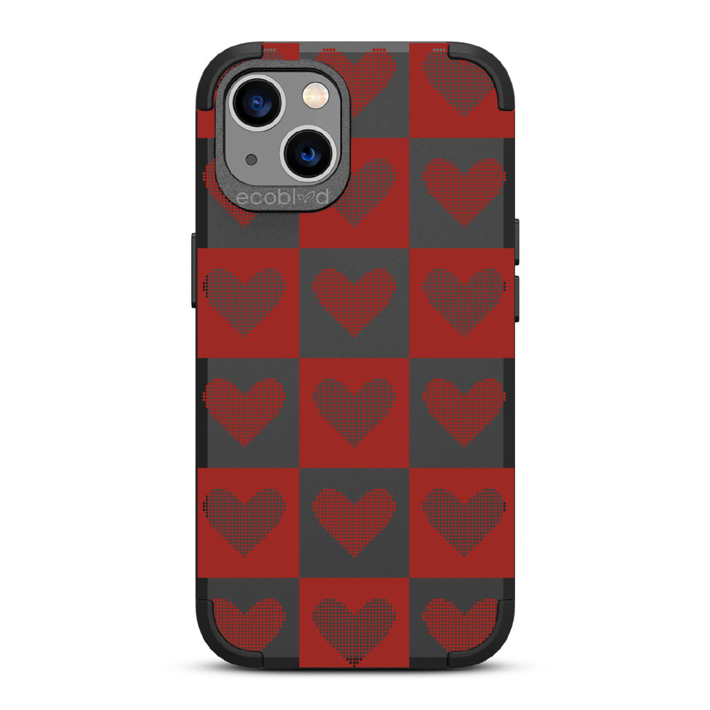 Quilty Pleasures - Black Rugged Eco-Friendly iPhone 13 Case With Red Checkered Print With Knitted Hearts On Back