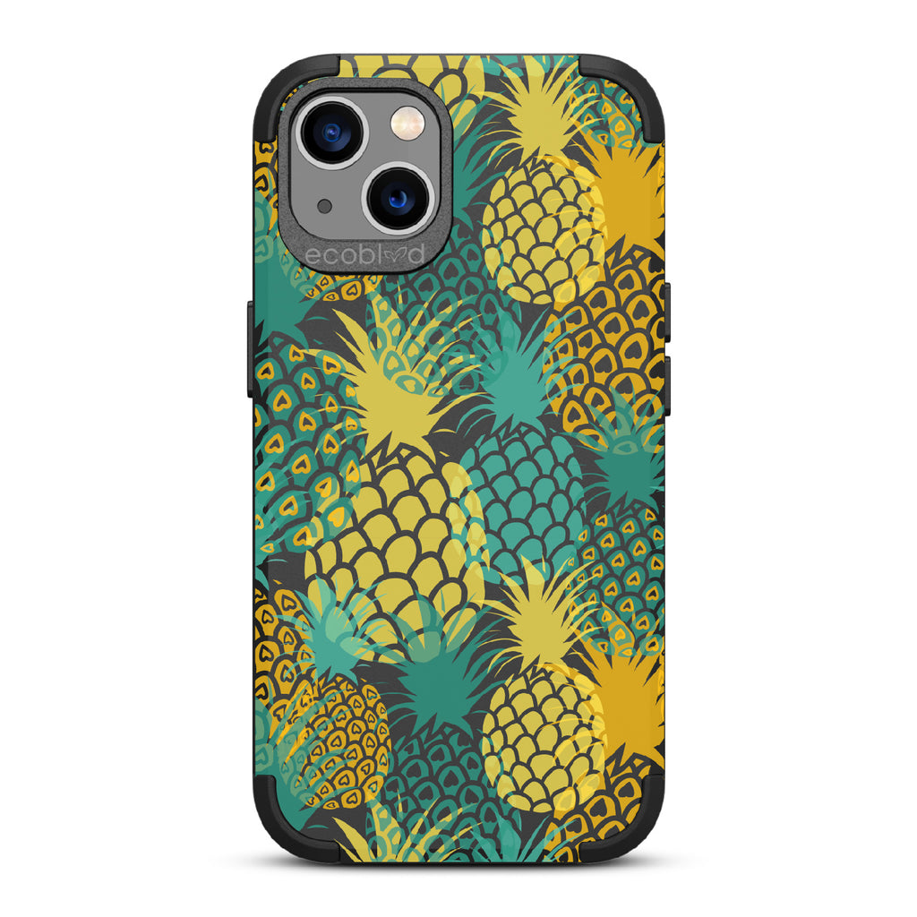 Pineapple Breeze - Black Rugged Eco-Friendly iPhone 13 Case With Tropical Colored Pineapples On Back