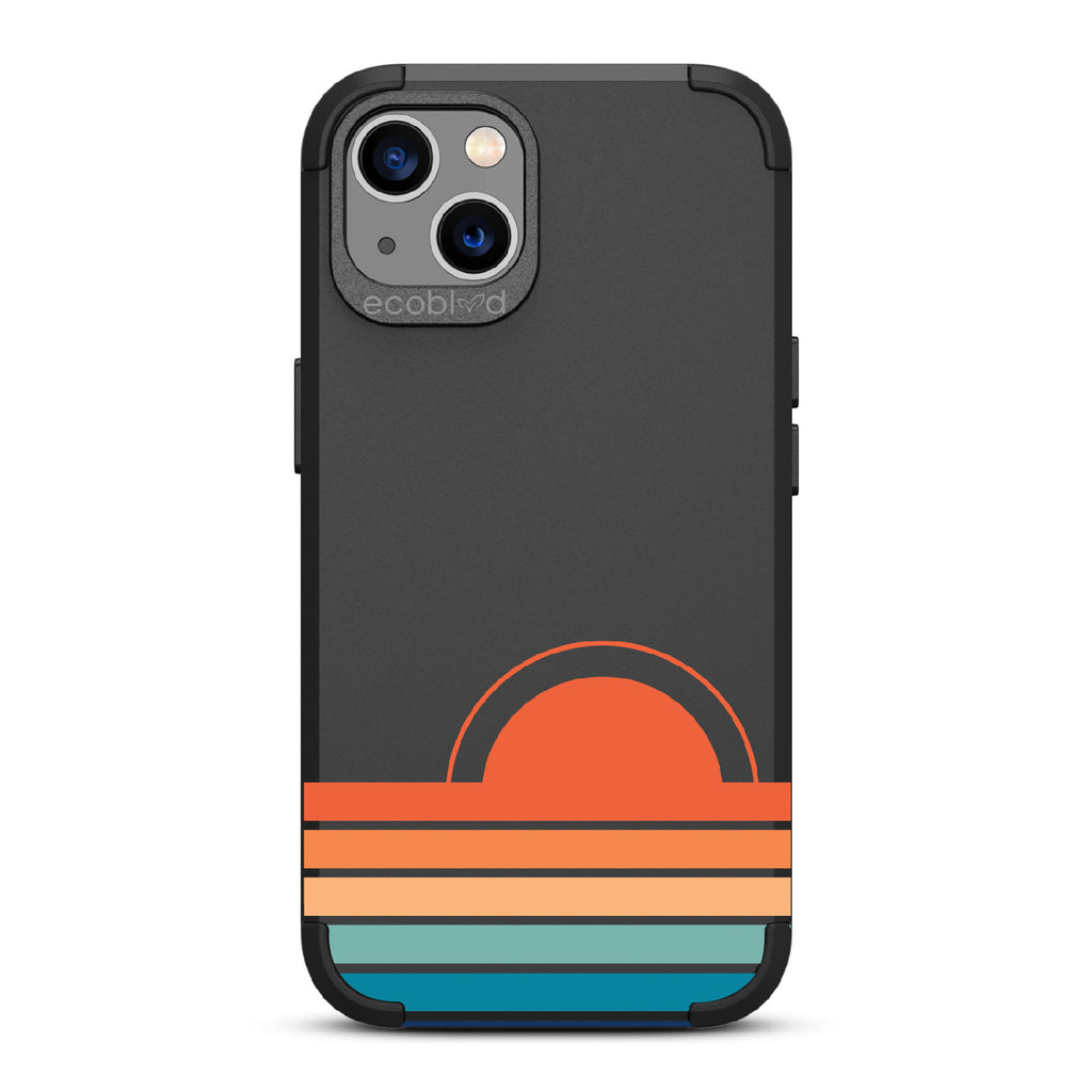 Rise N' Shine  - Black Rugged Eco-Friendly iPhone 13 Case With A Sun Rising From Rainbow Stripes On Back