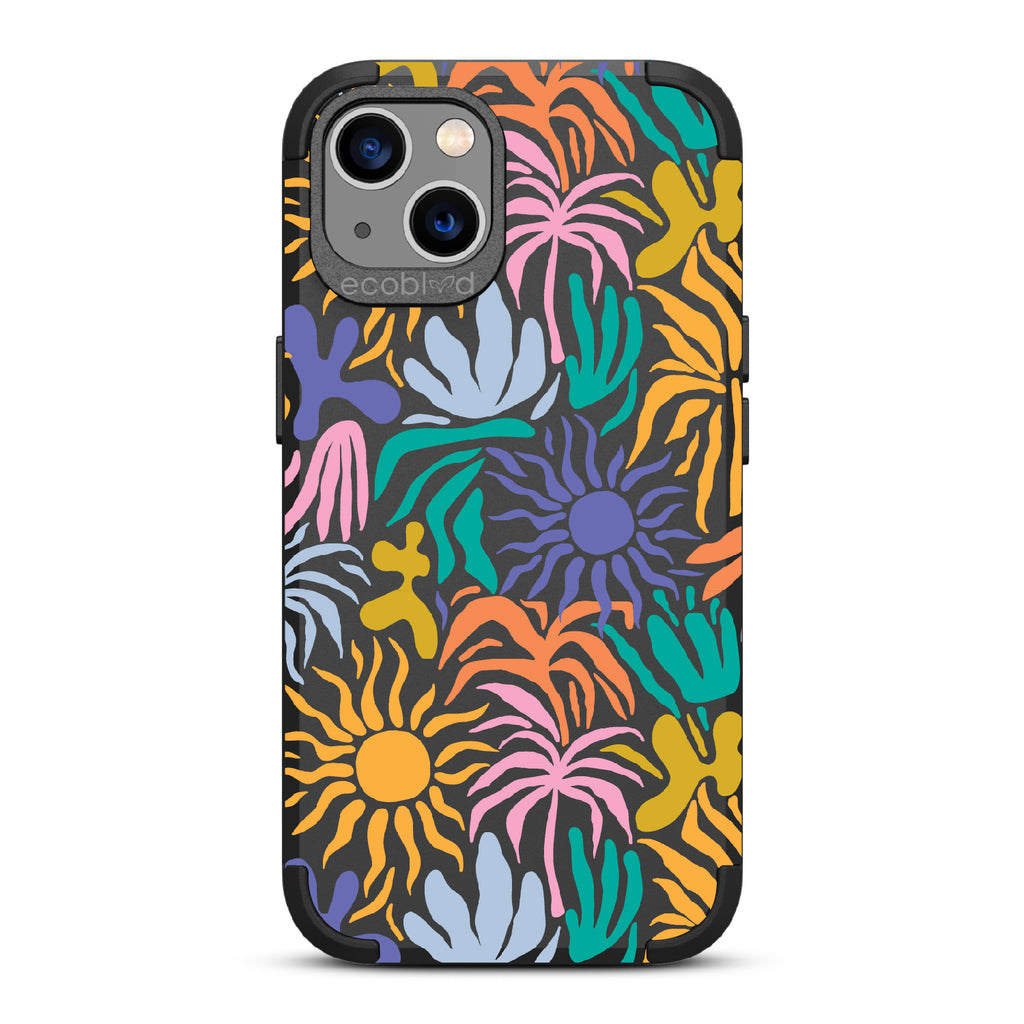 Sun-Kissed - Black Rugged Eco-Friendly iPhone 13 Case With Sunflower Print + The Sun As The Flower On Back