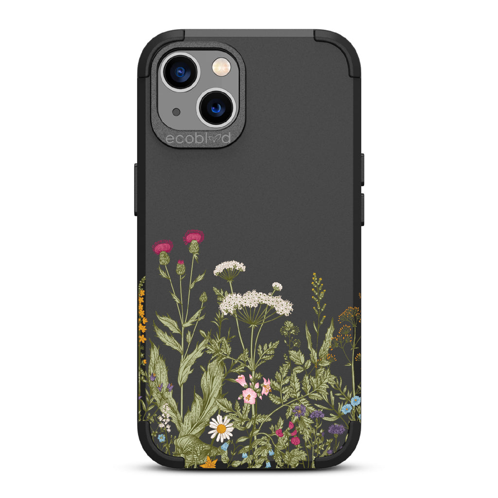 Take Root - Black Rugged Eco-Friendly iPhone 13 Case With Wild Herbs & Flowers Botanical Herbarium