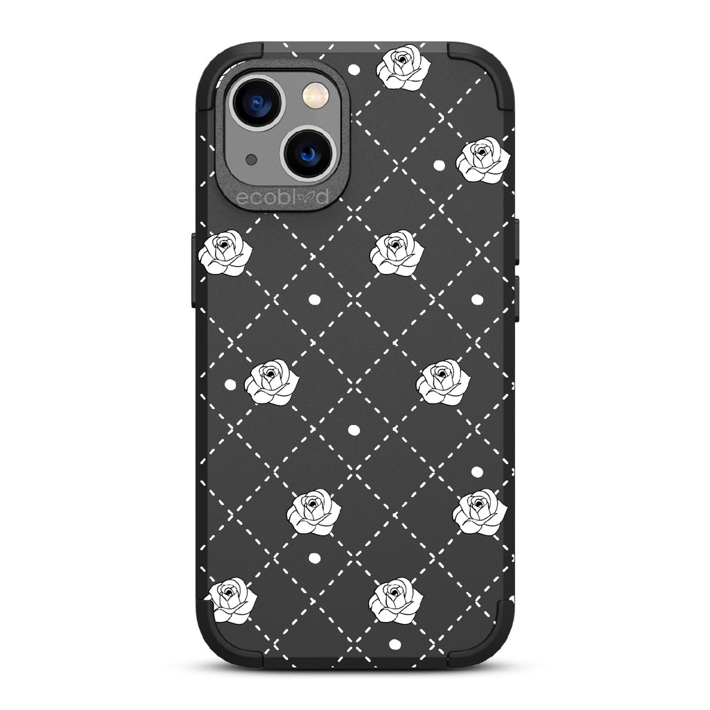 Rose To The Occasion - Black Rugged Eco-Friendly iPhone 13 Case With Argyle Print, Black Dots & Black Roses On Back