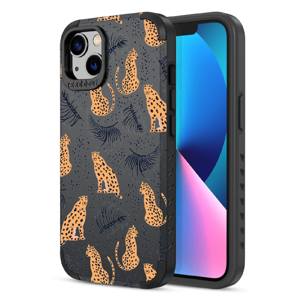 Feline Fierce - Back Of Black & Eco-Friendly Rugged iPhone 13 Case & A Front View Of The Screen