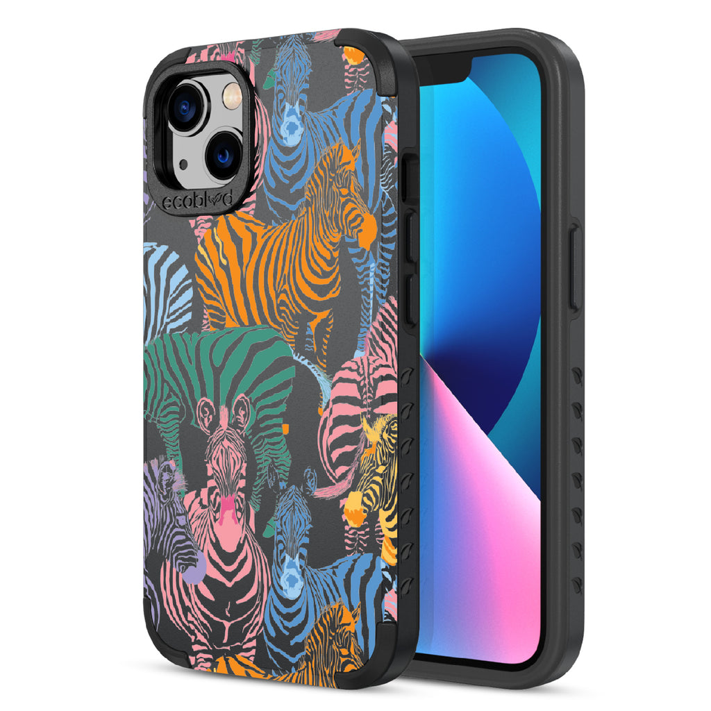 Colorful Herd - Back Of Black & Eco-Friendly Rugged iPhone 13 Case & A Front View Of The Screen