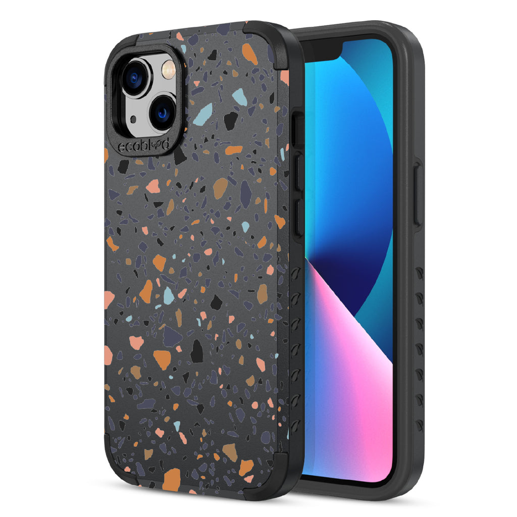 Terrazzo - Back Of Black & Eco-Friendly Rugged iPhone 13 Case & A Front View Of The Screen