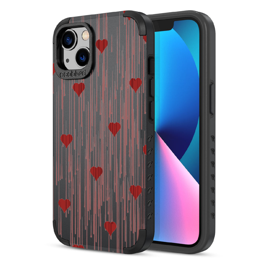 Bleeding Hearts - Back View Of Black Eco-Friendly iPhone 13 Rugged Case & Front View Of Screen