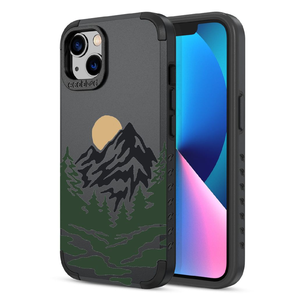 Mountains - Back View Of Black & Eco-Friendly Rugged iPhone 13 Case & A Front View Of The Screen