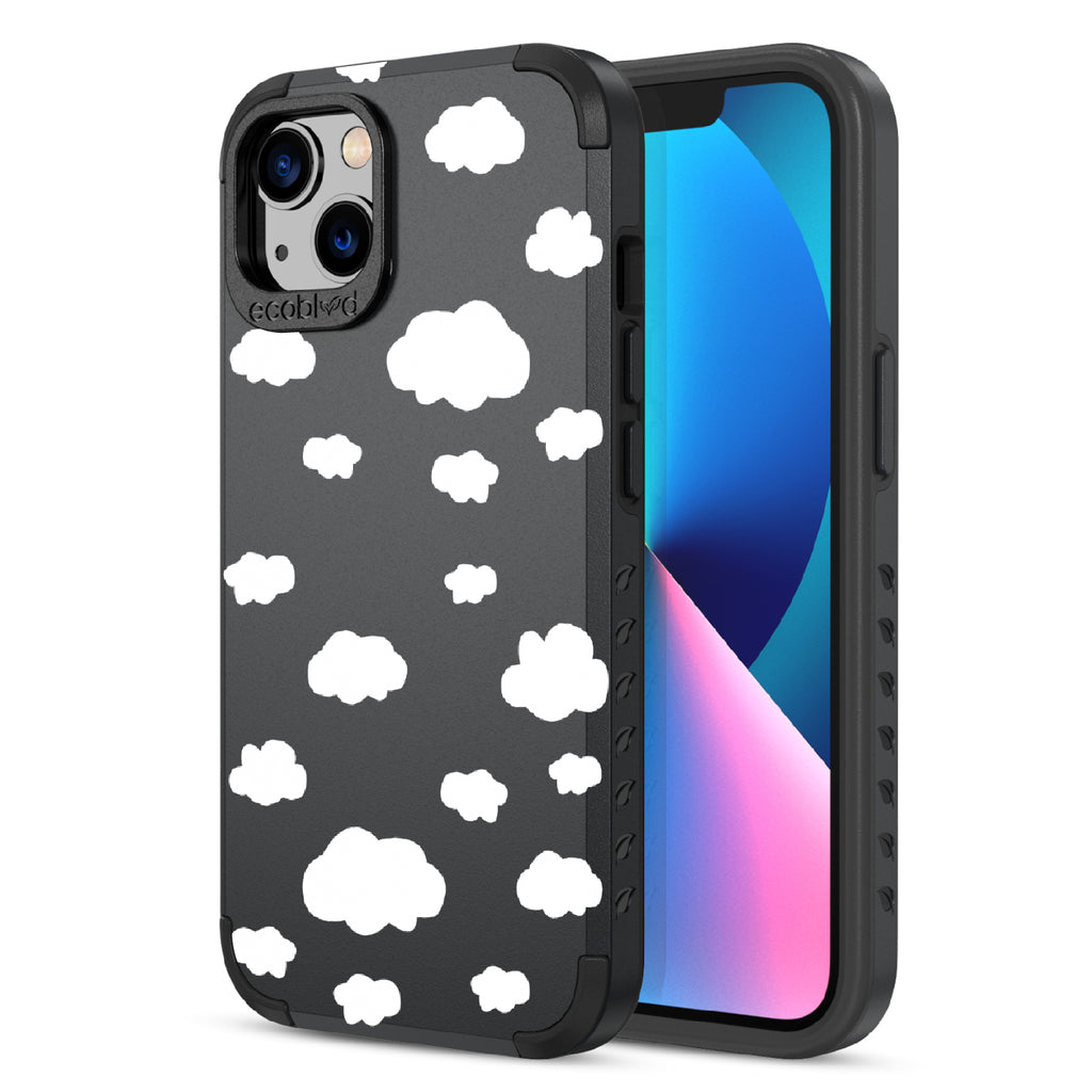 Clouds - Back View Of Black & Eco-Friendly Rugged iPhone 13 Case & A Front View Of The Screen