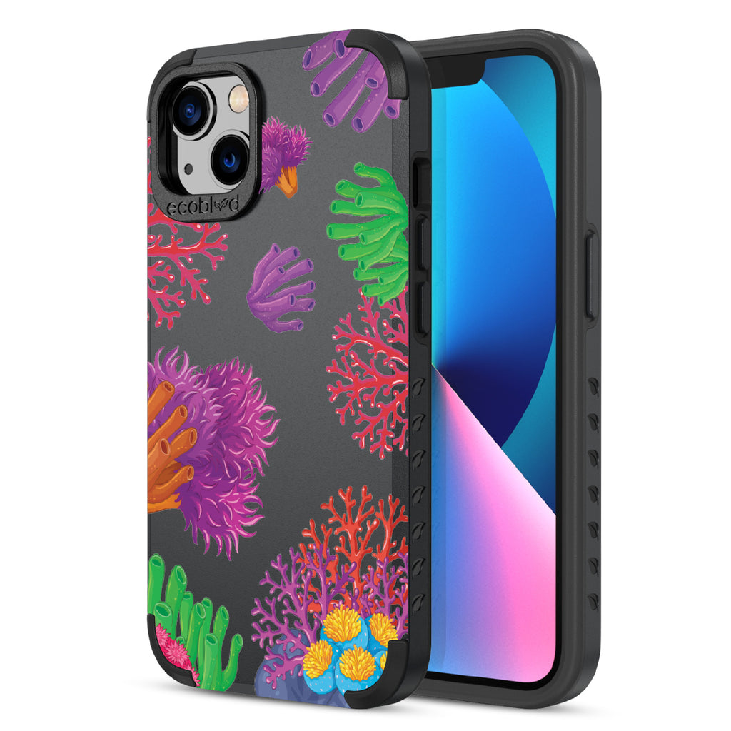 Coral Reef - Back View Of Black & Eco-Friendly Rugged iPhone 13 Case & A Front View Of The Screen