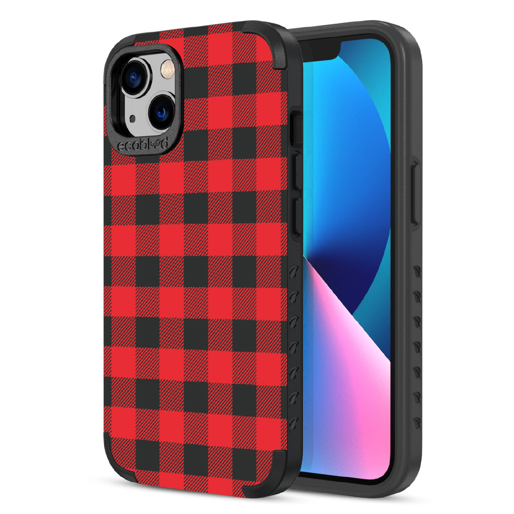 Favorite Flannel - Back Of Black & Eco-Friendly Rugged iPhone 13 Case & A Front View Of The Screen
