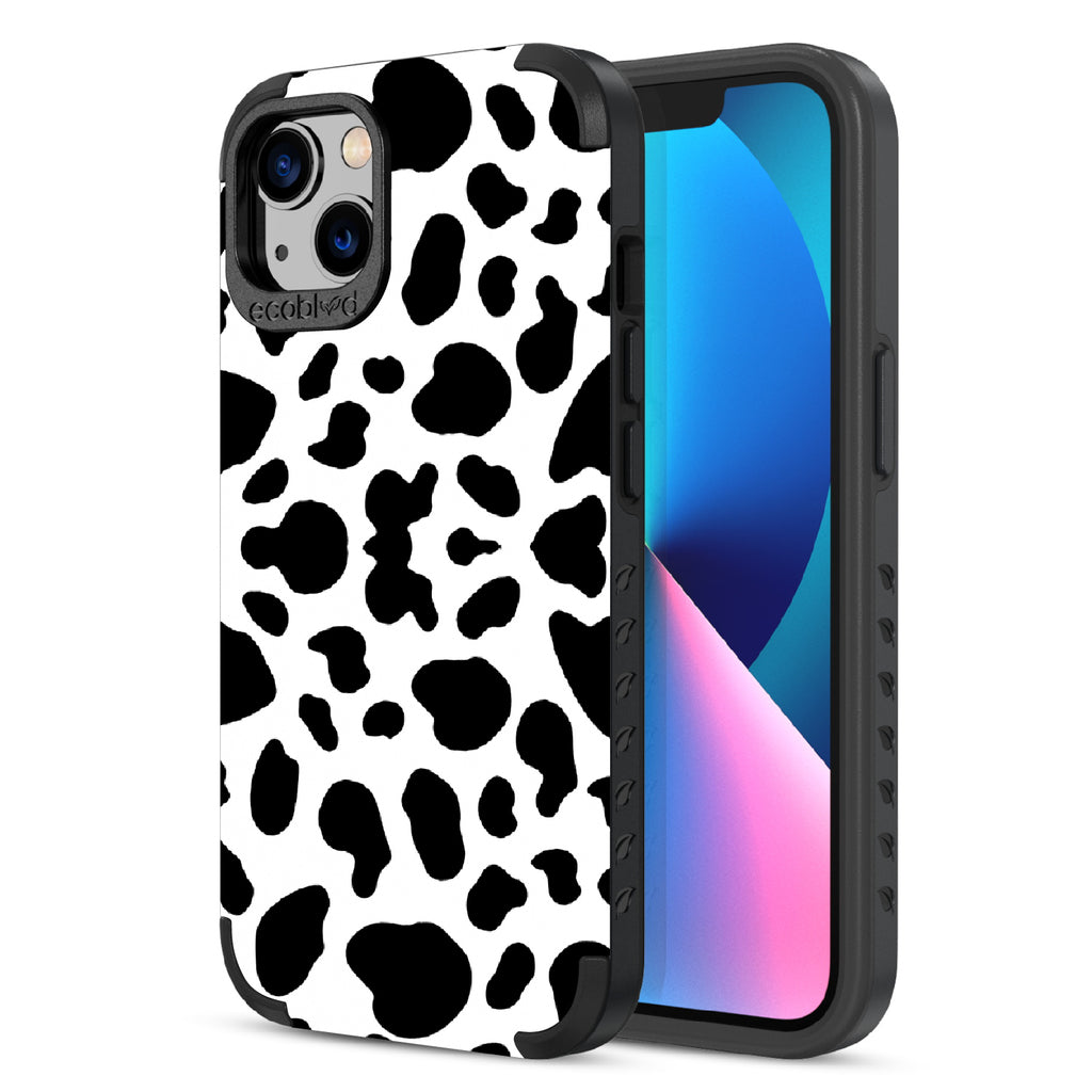 Cow Print - Back View Of Black & Eco-Friendly Rugged iPhone 13 Case & A Front View Of The Screen