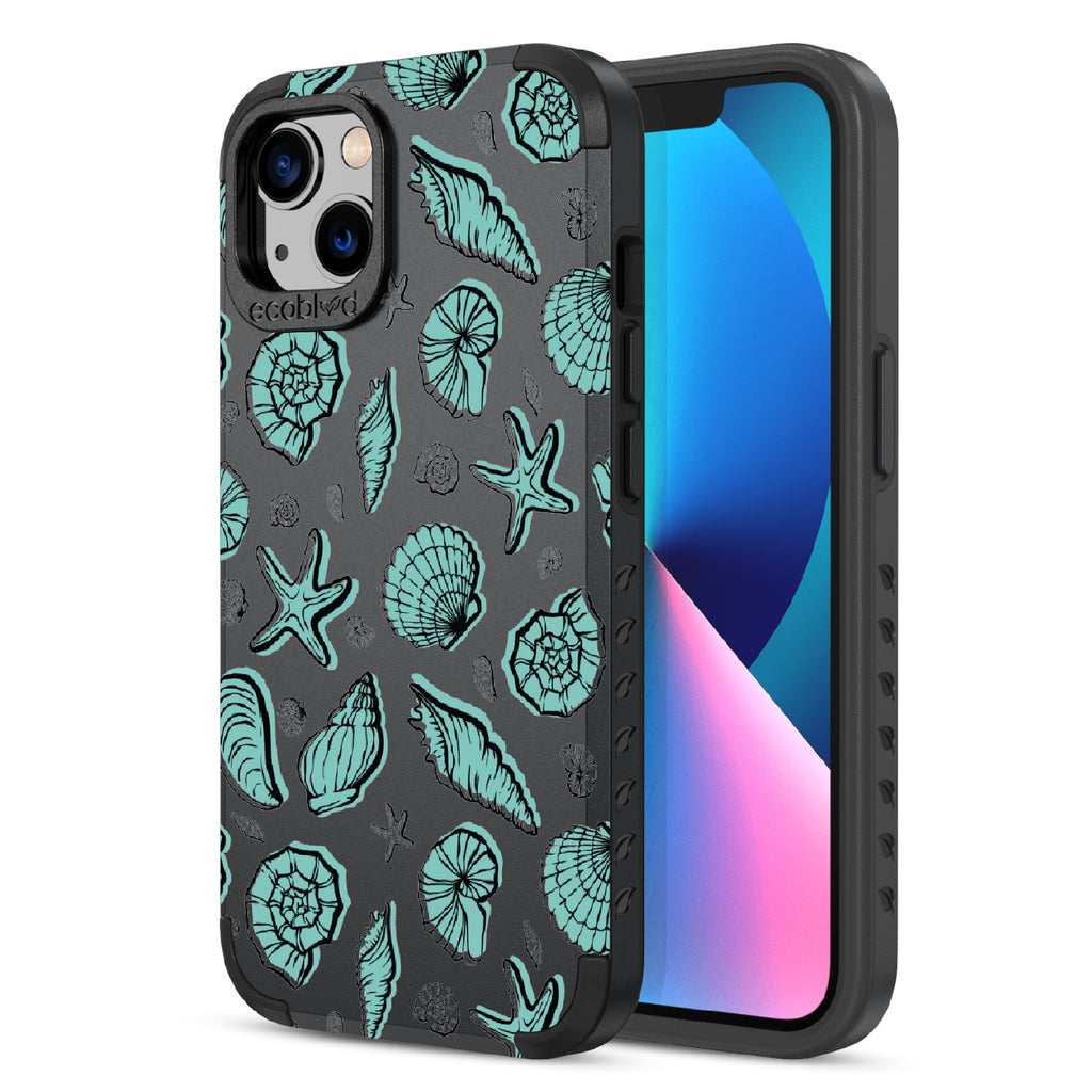 Seashells Seashore - Back View Of Black & Eco-Friendly Rugged iPhone 13 Case & A Front View Of The Screen