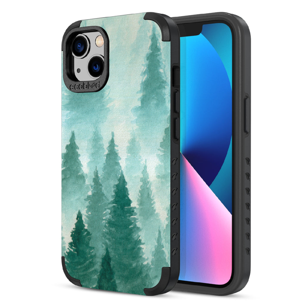 Winter Pine - Back Of Black & Eco-Friendly Rugged iPhone 13 Case & A Front View Of The Screen