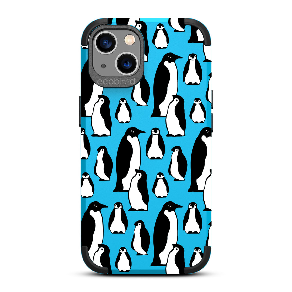 Penguins - Blue Rugged Eco-Friendly iPhone 13 Case With A Waddle Of Penguins