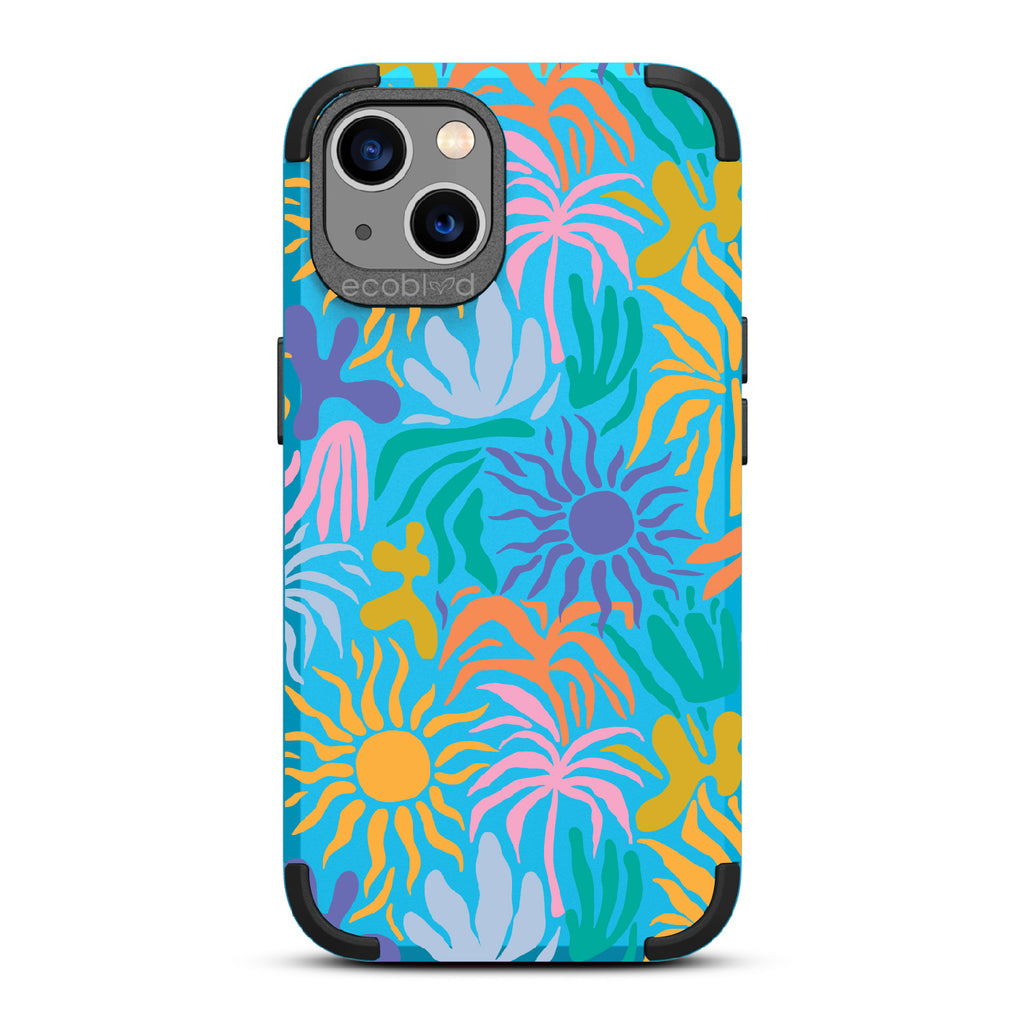 Sun-Kissed - Blue Rugged Eco-Friendly iPhone 13 Case With Sunflower Print + The Sun As The Flower On Back