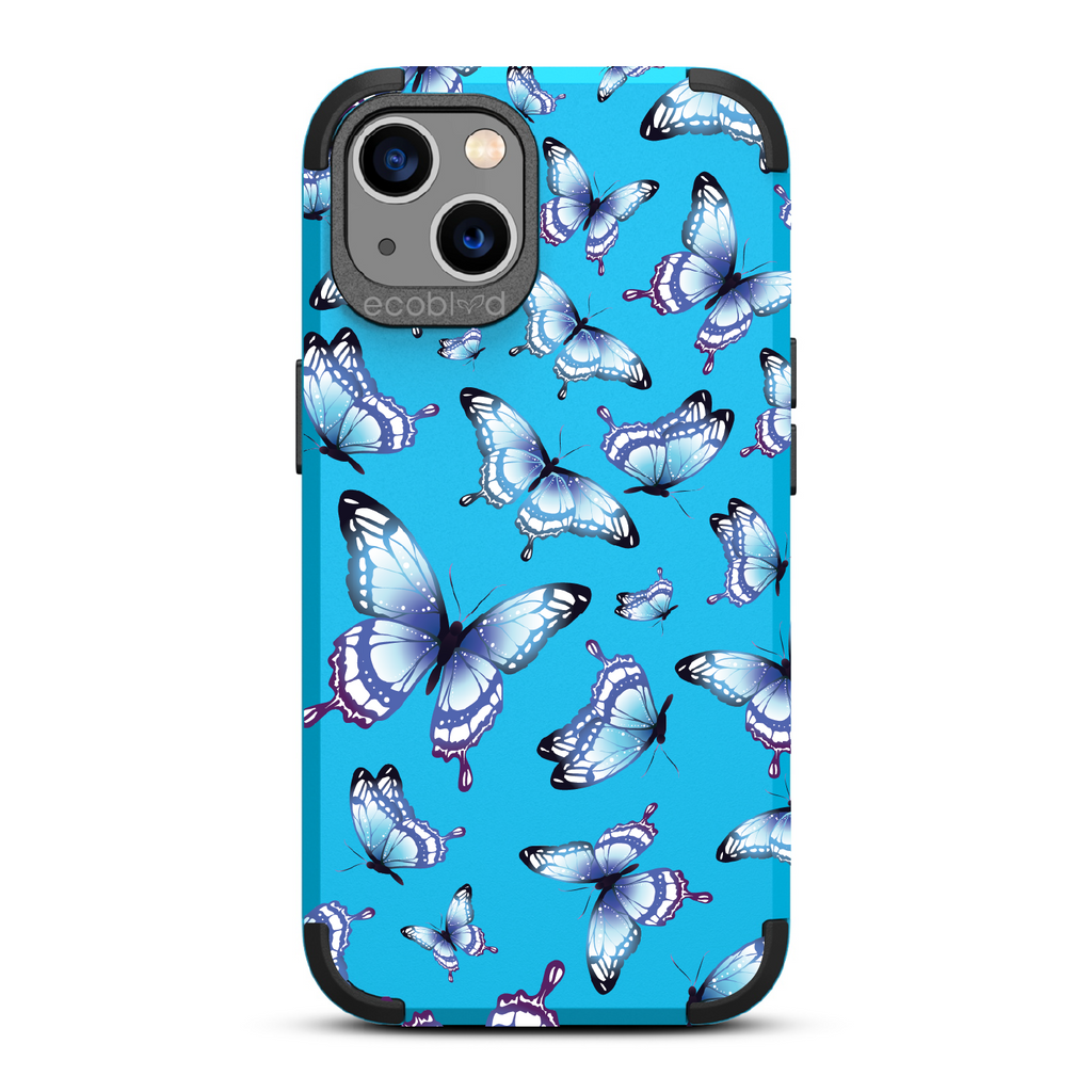 Social Butterfly - Blue Rugged Eco-Friendly iPhone 13 Case With Colorful Butterflies On Back