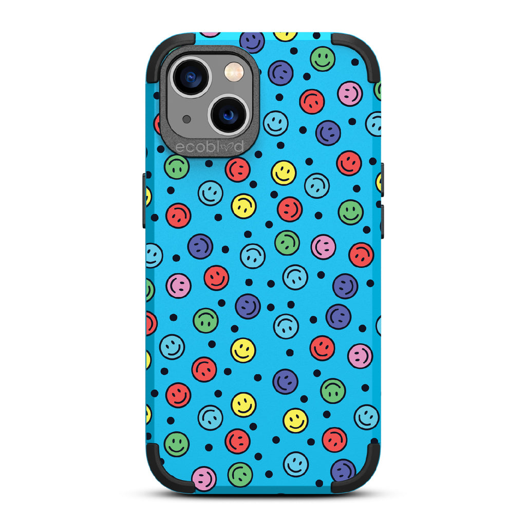 All Smiles - Blue Rugged Eco-Friendly iPhone 13 Case With Multicolored Smiley Faces & Black Dots On Back