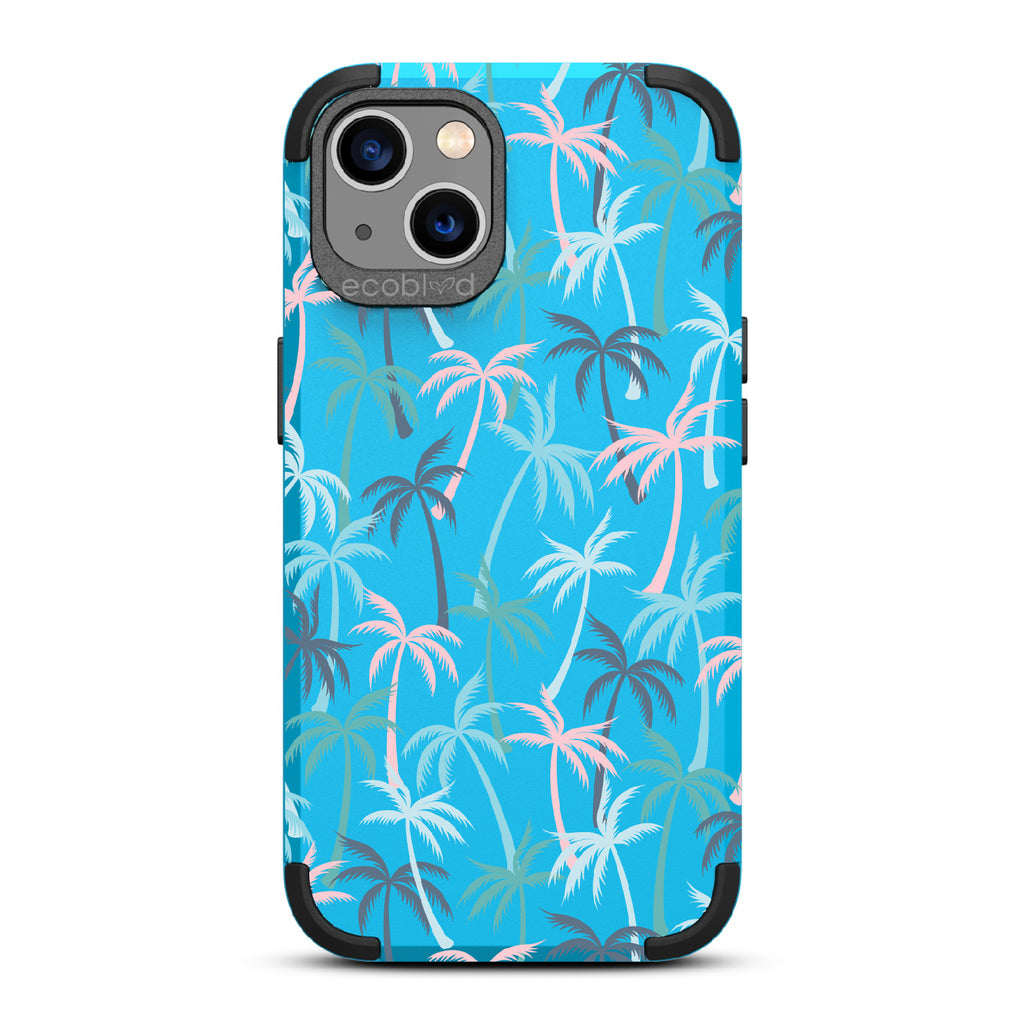 Cruel Summer - Blue Rugged Eco-Friendly iPhone 13 Case With Hotline Miami Colored Tropical Palm Trees On Back 