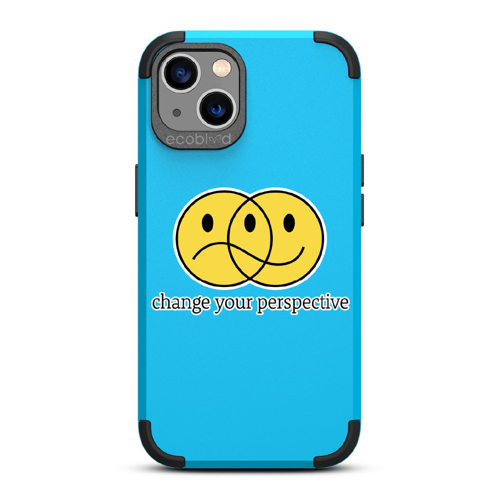 Perspective - Blue Rugged Eco-Friendly iPhone 13 Case With A Happy/Sad Face & Change Your Perspective On Back